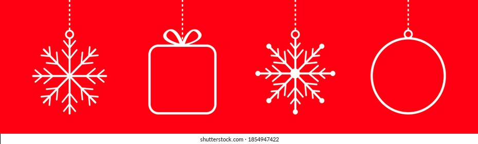 Merry Christmas ball, gift box, snowflake icon set line. Giftbox, snow flake. Stylized round bauble toy. Hanging dash line. Happy New Year sign symbol. Flat design. Red background. Isolated. Vector