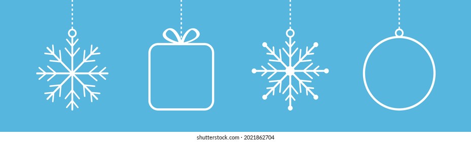 Merry Christmas ball, gift box, snowflake icon set line. Hanging dash line. Giftbox, snow flake. Stylized round bauble toy. Happy New Year sign symbol. Flat design. Blue background. Isolated. Vector