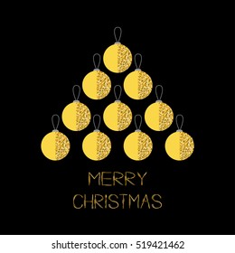 Merry Christmas ball. Gold sparkles glitter texture spruce fir tree. Flat design. Black background. Greeting card. Vector illustration