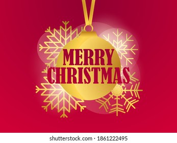 Merry Christmas. Christmas ball with a golden gradient and snowflakes and on a red background. Xmas greeting card design  template. Winter holiday. Vector illustration