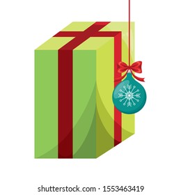 merry christmas ball hanging with gift vector illustration design