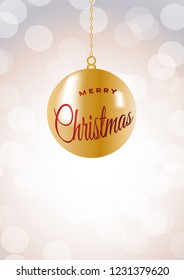 Merry Christmas ball on iridescent glitter festive empty background. Shiny sparkles swirling in air.

