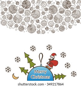 Los adornos de las pelotas de navidad feroces son garabatos. Santa Claus con una bolsa, un árbol de contorno, luna, decoraciones navideñas, esquema de tarjeta de saludo. Fondo de diseño para el vector de papel de vacaciones, impresión o envoltura