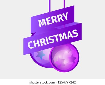 Merry Christmas. Christmas ball and ribbon with stars. Greeting card design template with purple gradient. Vector illustration