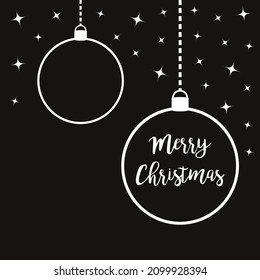 Merry Christmas ball set. Hanging dash line. Stars Sparkles shining. Stylized round bauble toy. Glowing star sparkle set. Happy New Year sign symbol. Flat design. Black background Isolated. Vector