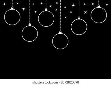 Merry Christmas ball set. Stylized round bauble toy. Hanging dash line. Stars Sparkles shining. Glowing star sparkle set. Happy New Year sign symbol. Flat design. Black background Isolated. Vector