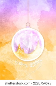 Merry Christmas ball shape. Winter seasonal holiday Christmas background, hand drawn colorful watercolor style. Christmas greeting card, snow globe and winter forest inside. Vector illustration 