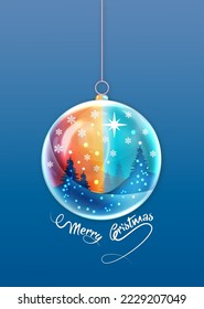Merry Christmas ball shape. Winter seasonal holiday Christmas background, hand drawn colorful watercolor style. Christmas greeting card, snow globe and winter forest inside. Vector illustration 