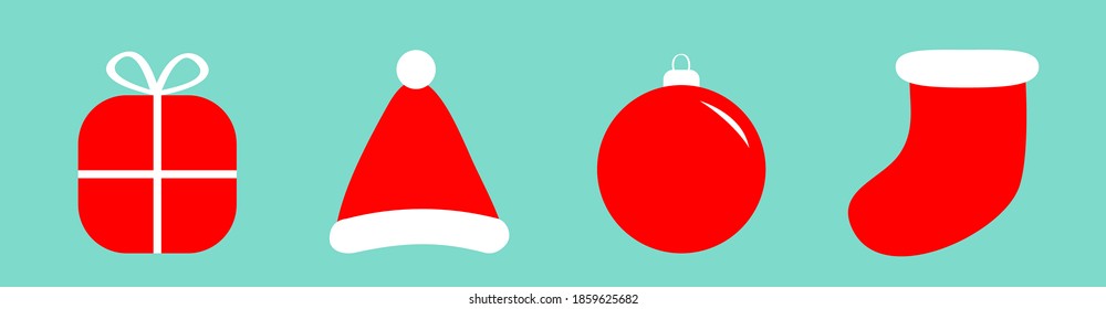 Merry Christmas ball Sock Gift box Santa Claus hat icon set. Cute round bauble toy. Happy New Year sign symbol. Flat design style. Xmas decoration. Winter background. Isolated. Vector illustration