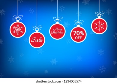 Merry Christmas ball tag ornaments with hanging and discount sale badge text calligraphy for decorate your website vector isolate on blue snowflakes background.