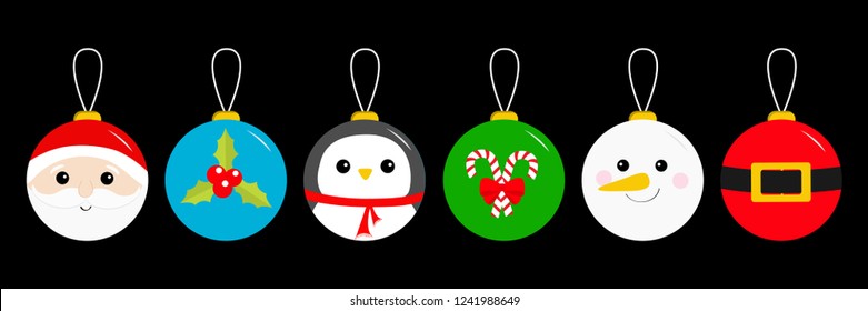 Merry Christmas ball toy hanging icon set. Santa Claus head, red coat golden belt Snowman Holly berry Penguin Candy cane Tree decoration. Cute cartoon character. Black background. Flat design. Vector