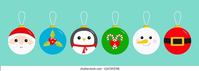 Merry Christmas ball toy hanging icon set. Santa Claus head, red coat golden belt Snowman Holly berry Penguin Candy cane Tree decoration. Cute cartoon character. Blue background. Flat design. Vector