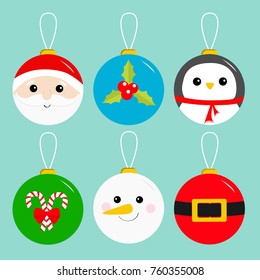 Merry Christmas ball toy hanging icon set. Tree decoration. Santa Claus head, red coat golden belt Snowman Holly berry Penguin Candy cane Cute cartoon character. Blue background. Flat design. Vector