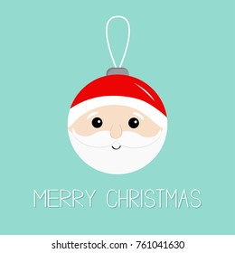 Merry Christmas ball toy hanging. Santa Claus head face, beard, moustaches, white eyebrows, red hat. Tree decoration. Cute cartoon kawaii funny character Blue background. Isolated Greeting card Vector