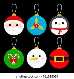 Merry Christmas ball toy hanging icon set. Tree decoration. Santa Claus head, red coat golden belt Snowman Holly berry Penguin Candy cane Cute cartoon character. Black background. Flat design. Vector