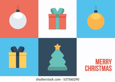 Merry Christmas Ball, Christmas Tree, Present Gift Wrapped Box Vector Icon Flat Material Design Set 