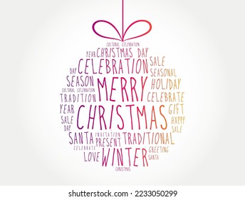 Merry Christmas ball word cloud, holidays lettering collage background