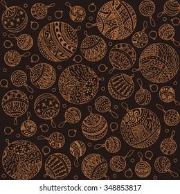 Merry christmas balls doodle patterns. Icons line seamless with outline xmas ornaments and font templates. Design background for holiday greeting cards, print, or wrapping paper. vector illustration
