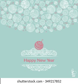 Merry christmas balls doodle patterns. Icons line seamless with outline xmas ornaments and font templates. Design background for holiday greeting cards, print, or wrapping paper. vector illustration
