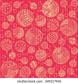 Merry christmas balls doodle patterns. Icons line seamless with outline xmas ornaments and font templates. Design background for holiday greeting cards, print, or wrapping paper. vector illustration