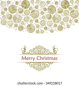 Merry christmas balls doodle patterns. Vector icons with outline xmas ornaments and font templates. Design background for holiday greeting cards, print, or wrapping paper