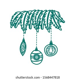 merry christmas balls with leafs decoration hanging vector illustration design
