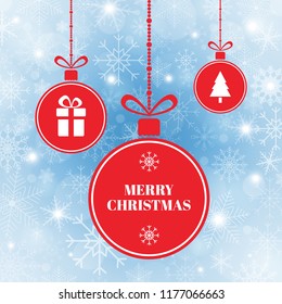 Merry Christmas balls on blue background with snow and snowflakes. New year holiday card. Bright red Xmas balls with chtistmas tree, present, snowflakes and ribbon. Vector illustration