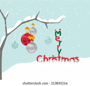 merry christmas with balls on tree background