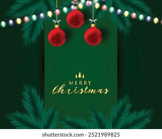Merry christmas with balls and pine leaves