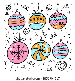 Merry Christmas balls winter holiday. Colorful doodle vector illustration isolated on white background.