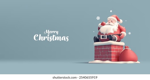 Feliz Anuncio de Navidades. Personaje de Santa 3D sentado en la chimenea con una bolsa de regalos. Para conceptos de escenas previas a la Navidad, celebraciones navideñas y saludos. Ilustración vectorial.