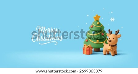 Merry Christmas banner. 3D Christmas tree, deer and gift on blue winter background. Magical winter scene for greeting and gift concepts. Vector illustration.