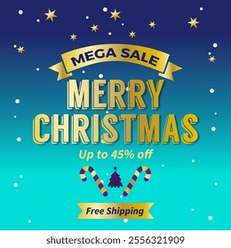 Merry Christmas banner with Up to 45% off. Christmas Sale Poster in Light Blue and gold style. 45% Discount. Mega Sale. Free Shipping. Vector. Illustration.