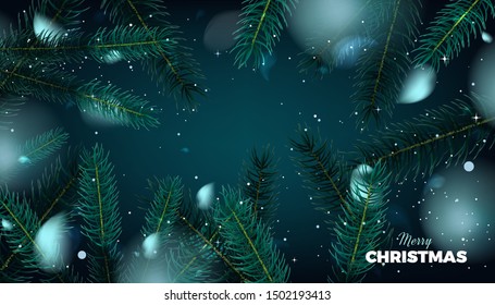 Merry Christmas banner, abstract festive background with fir tree forest vector promo poster design template