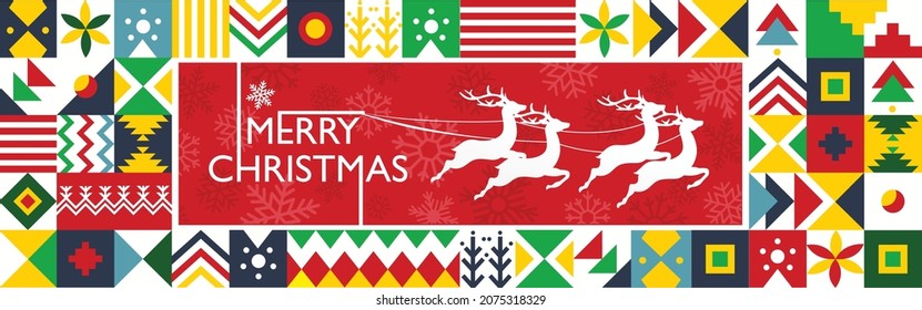 Merry Christmas banner with abstract retro style modern design background with Santa reindeers. Red green white geometric shapes and winter snow flakes icons texture. Vector illustration