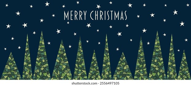 Merry Christmas. Banner with abstrakt fir trees in front of a starry sky.