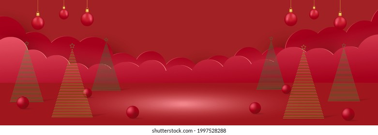 Merry Christmas banner with area show product on red wall background. Happy new year to advertising promotion for christmas