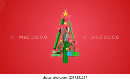 Merry Christmas banner. Art pencils and office stationery in Christmas pine tree shape. School fair template. Vector illustration