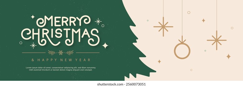 Merry Christmas banner background cover with ornament ball decoration, text and copy space, vector design