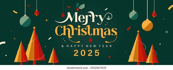 Merry Christmas banner background with decoration ornaments and greeting text, vector design   