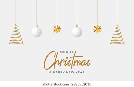 Feliz Banner navideño y diseño de fondo. Tarjeta de felicitación elegante y de lujo de Navidad con objetos 3D