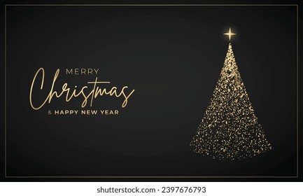 Merry Christmas Banner and Background Design. Luxury and Minimalist Christmas Greeting Card with Gold Tree