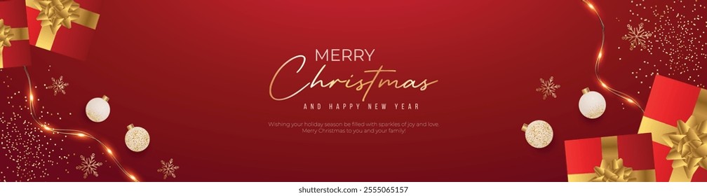 Merry Christmas Banner and Background Design. Christmas Luxury and Elegant Greeting Card with 3D Objects. vector illustration.