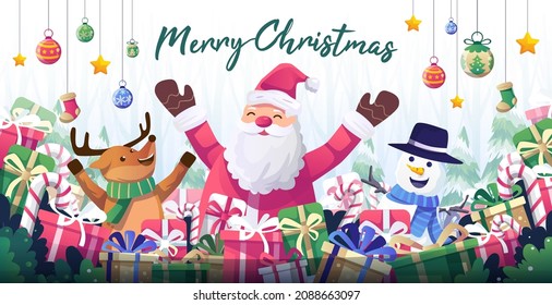 Merry Christmas banner background. Happy Santa Claus, reindeer and snowman merry Christmas along with decorations and gift boxes. winter, Christmas trees and snow background. Vector illustration