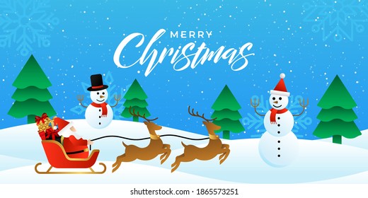 Merry Christmas Banner Background vector. Christmas vector Background with Santa Claus riding in sleigh. Merry christmas and Happy new year vector design template for poster, greeting card, banner