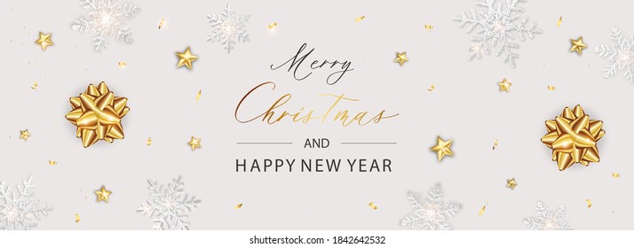 Merry Christmas banner. Background Xmas design poster of snowflake and calligraphy inscription.