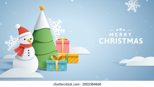 Merry Christmas banner in beautiful 3d paper art. Winter concept layout with snowman, Xmas tree and gifts in snow.