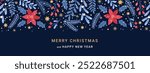 Merry Christmas banner with border in pattern of winter plants and foliage. Holiday dark background with holly, mistletoes, poinsettia, branches Xmas tree and falling snow. Vector flat illustration.