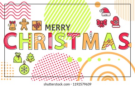 Merry Christmas banner with bright linear figures. Festive symbols, winter holiday attributes and shapes of dots or lines flat vector illustrations.