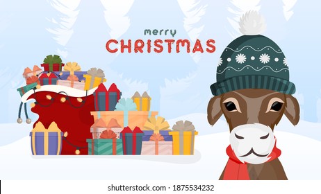 Merry christmas banner. A bull in a warm winter hat against the background of a winter forest. A mountain of gifts. Vector 